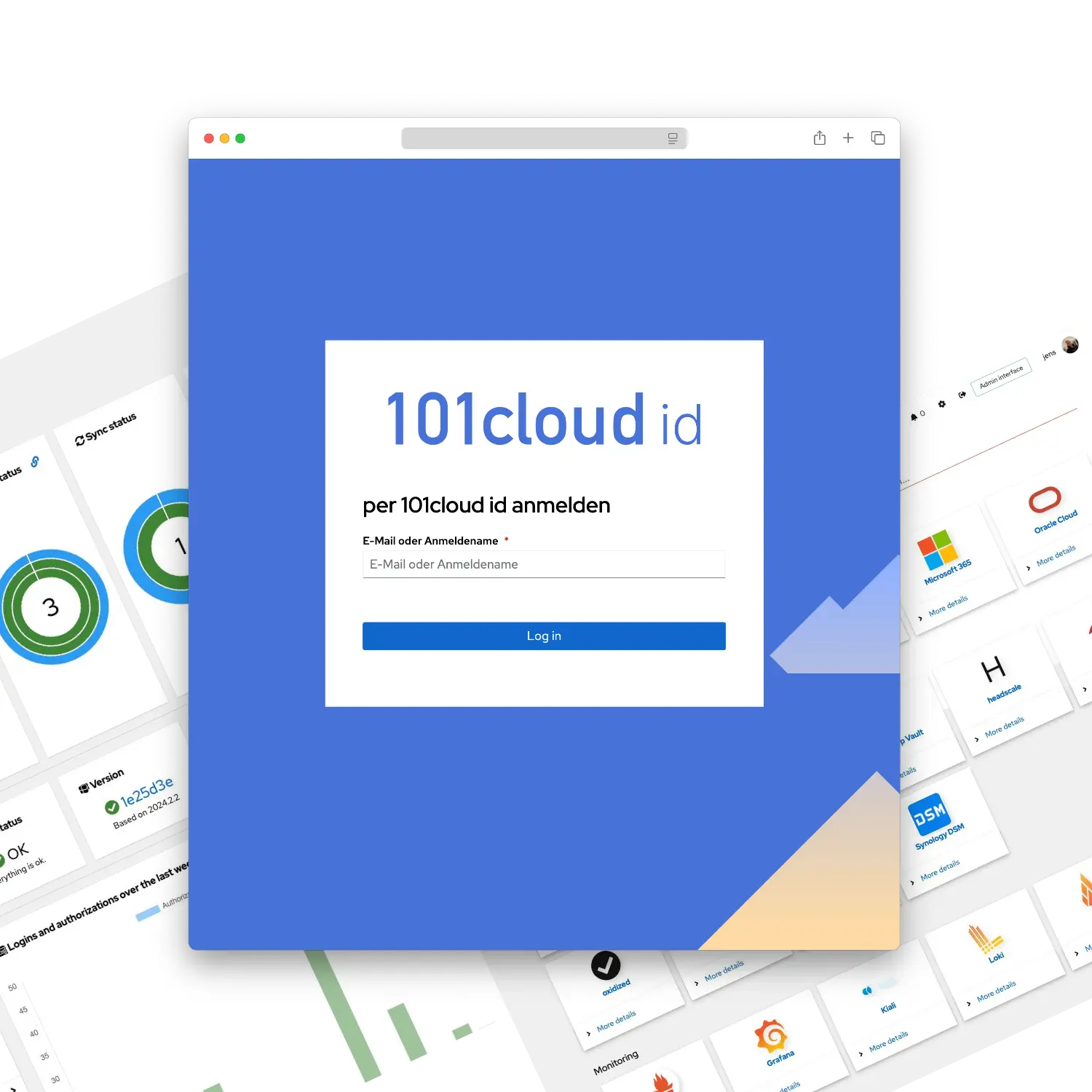 Das universelle Login-Fenster von 101cloud id mit Screenshots aus dem Backend